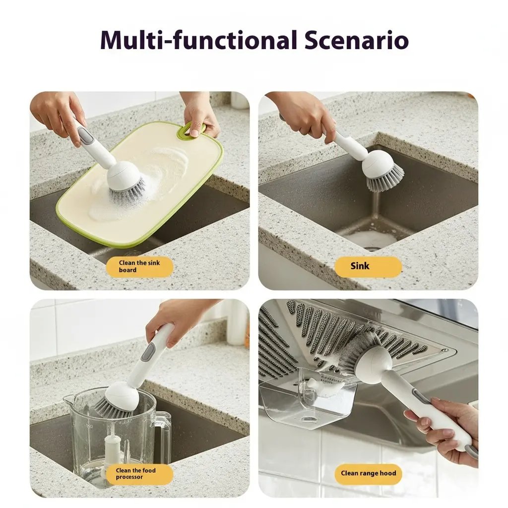 Multi functional kitchen cleaning brush uses