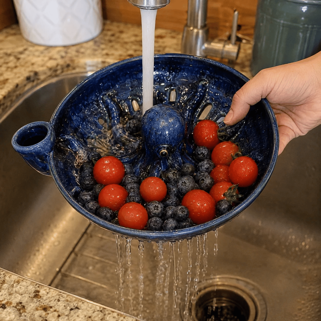 Rinsing produce in octopus colander