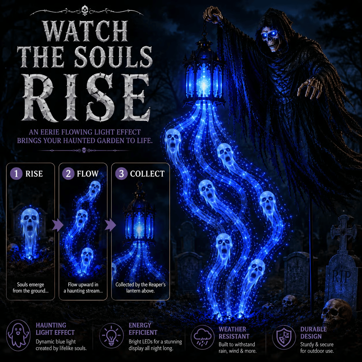 Blue glowing souls rising toward Reaper Halloween lantern