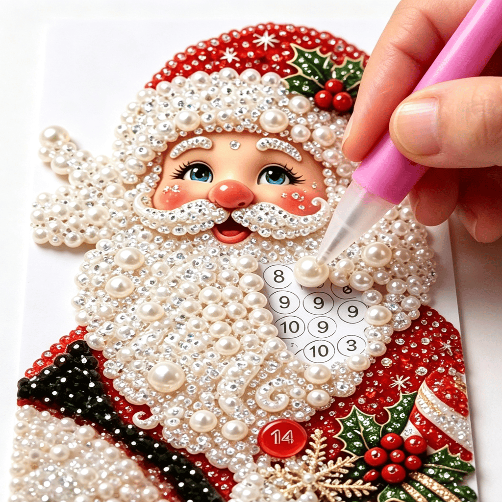 Placing Pearl Beads on Santa Diamond Art Design