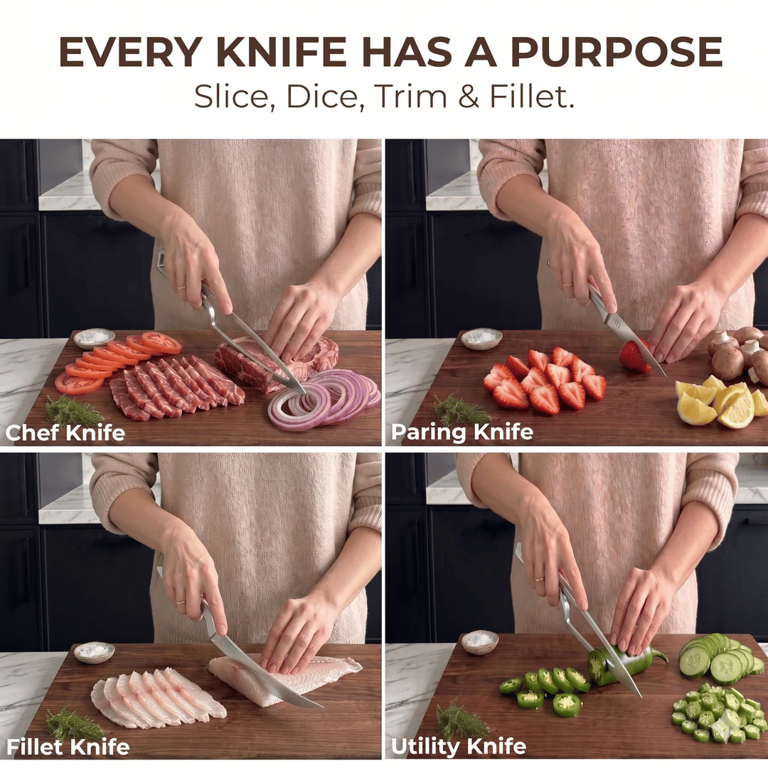 Chef paring fillet and utility kitchen knives in use