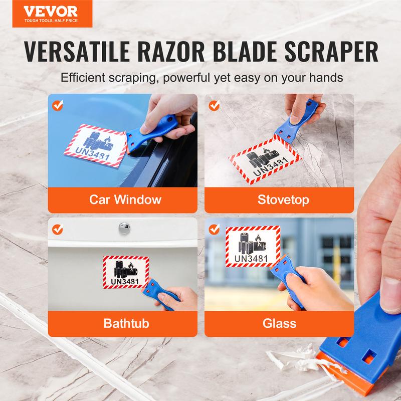 VEVOR Plastic Razor Blade Scraper, 2PCS Scraper Tool, 120PCS Plastic Blades, Cleaning Scraper Remover for Stickers, Decals, Adhesive, Labels, Paint from Glass, Car, Window, Caulk, No Scratches, Blue 1