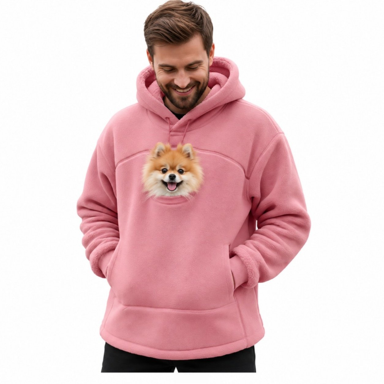 Mint green fleece hoodie with zip neckline and wide pet pouch