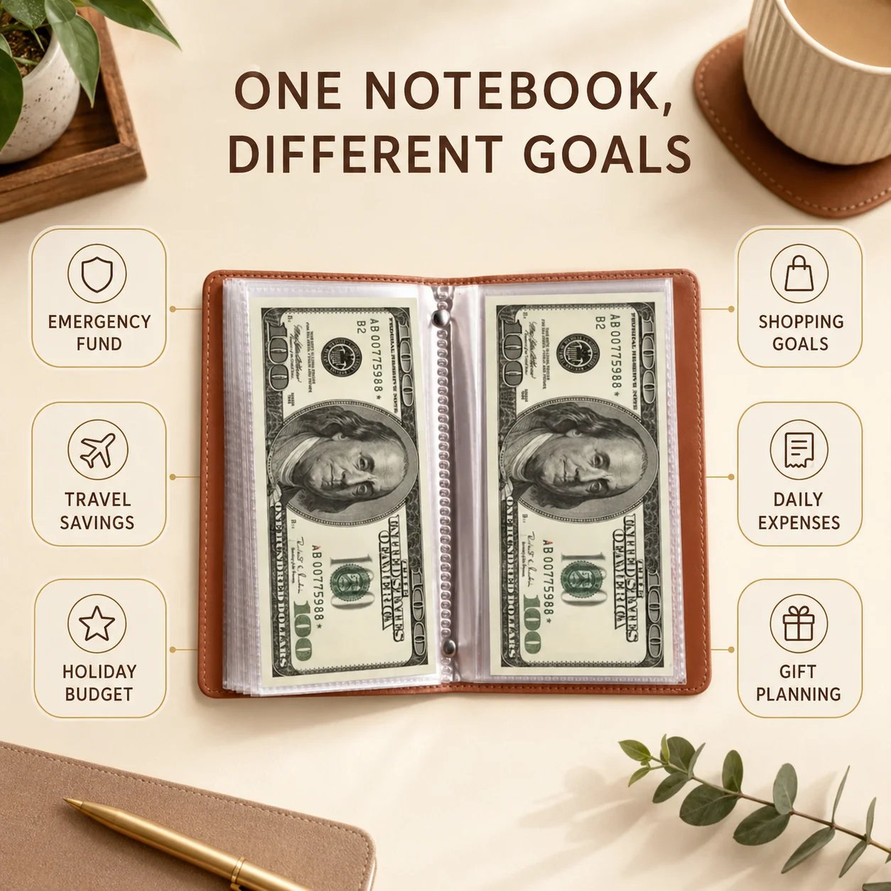 Savings notebook organized around different savings goals