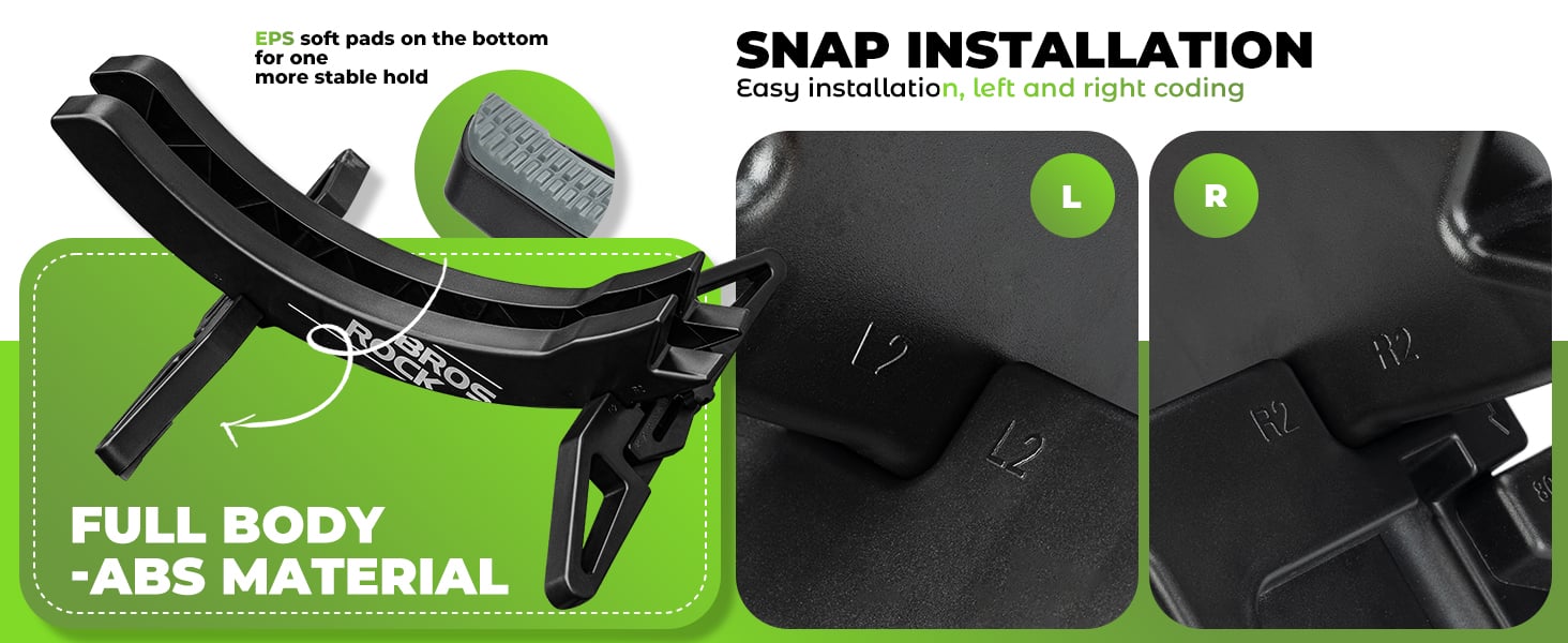 Black plastic car accessory with green highlights. Features include 'soft parts on the bottom' and 'snap installation' with left and right coding.