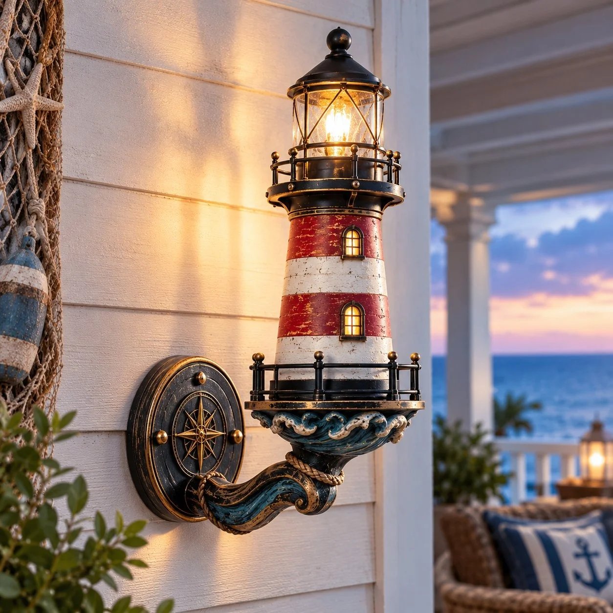 Close view of the lighthouse railings compass wall plate and sculpted ocean waves