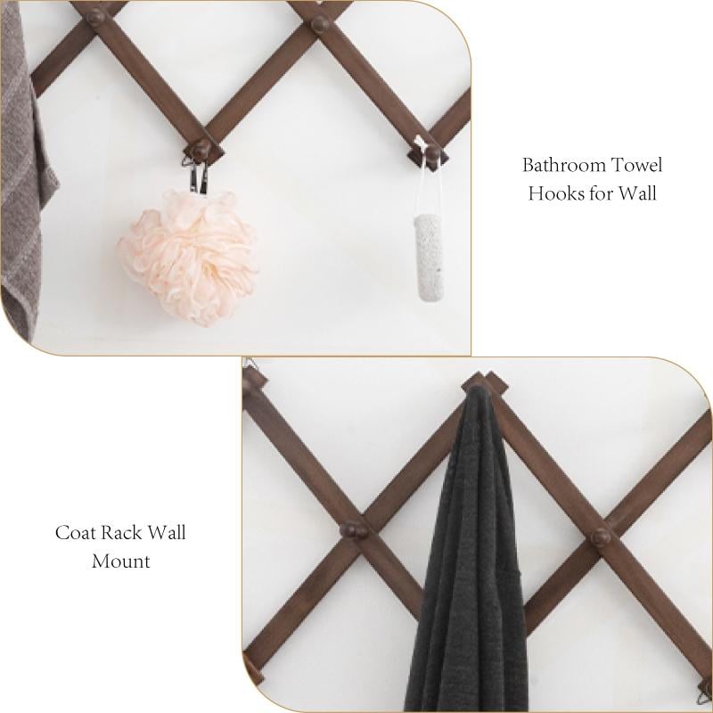 Accordion Peg Rack | 16 Hooks Expandable Wall Rack for Hats, Coat, Tools | Multi-Purpose Wooden Organizer Holds/Hangers Caps,  Bag & Hoodies | Space Saving Room/Garage/Entryway Storage Solution (Brown)