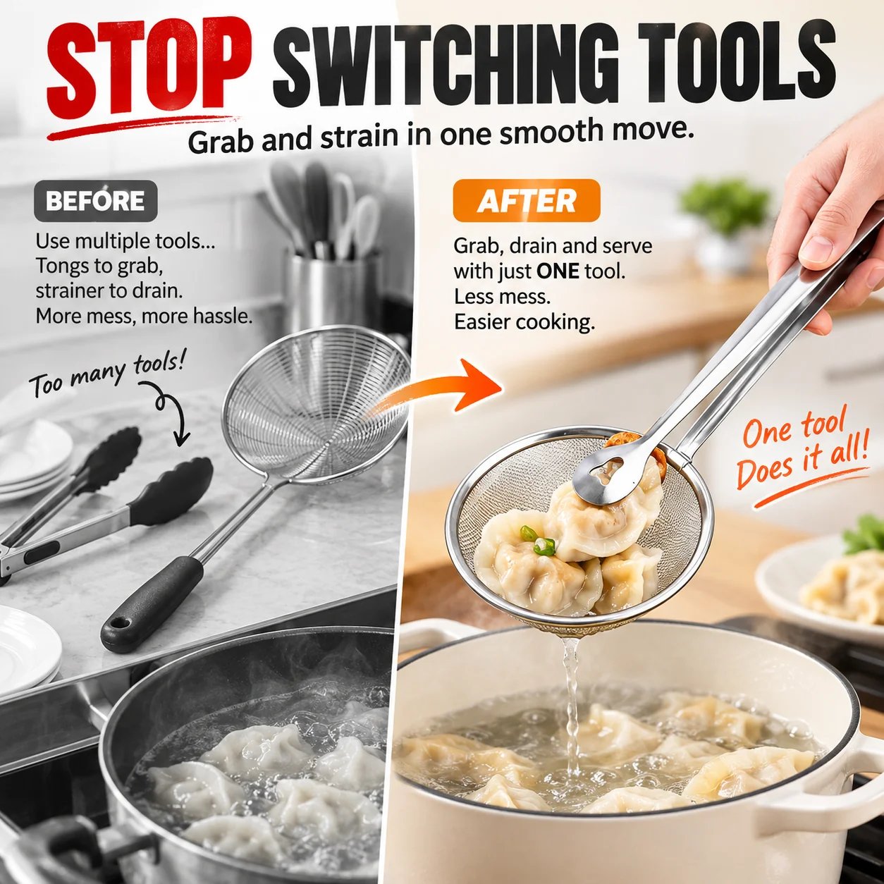 2-in-1 tongs and strainer kitchen tool