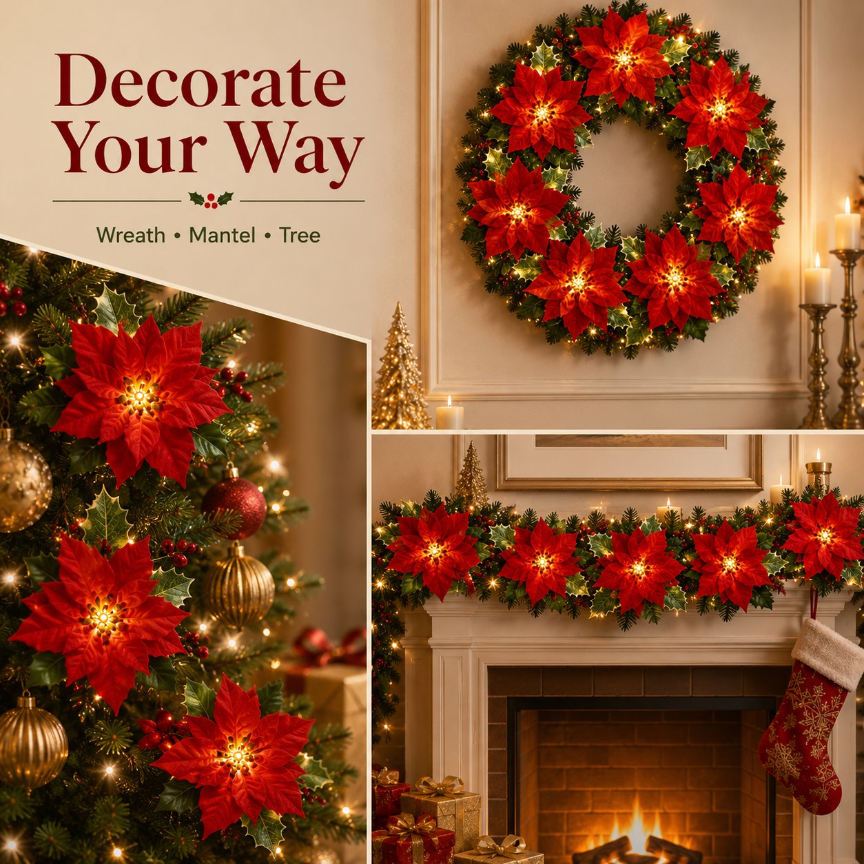Built-in LED poinsettia garland lights glowing