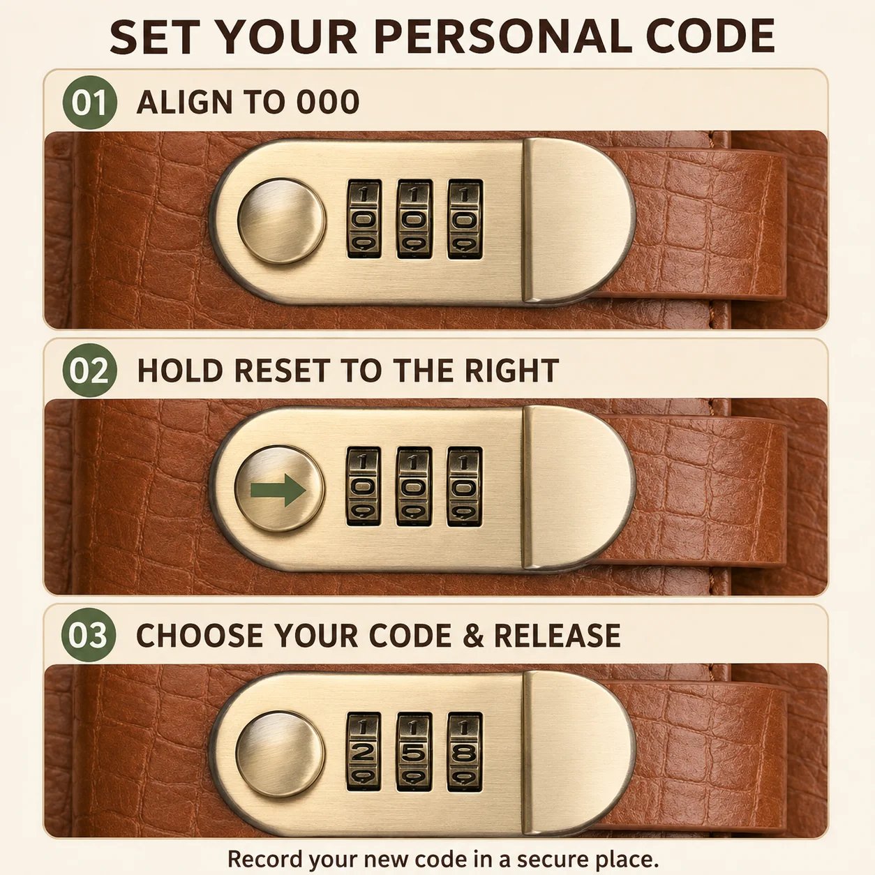 Three steps for setting the combination lock on the savings notebook