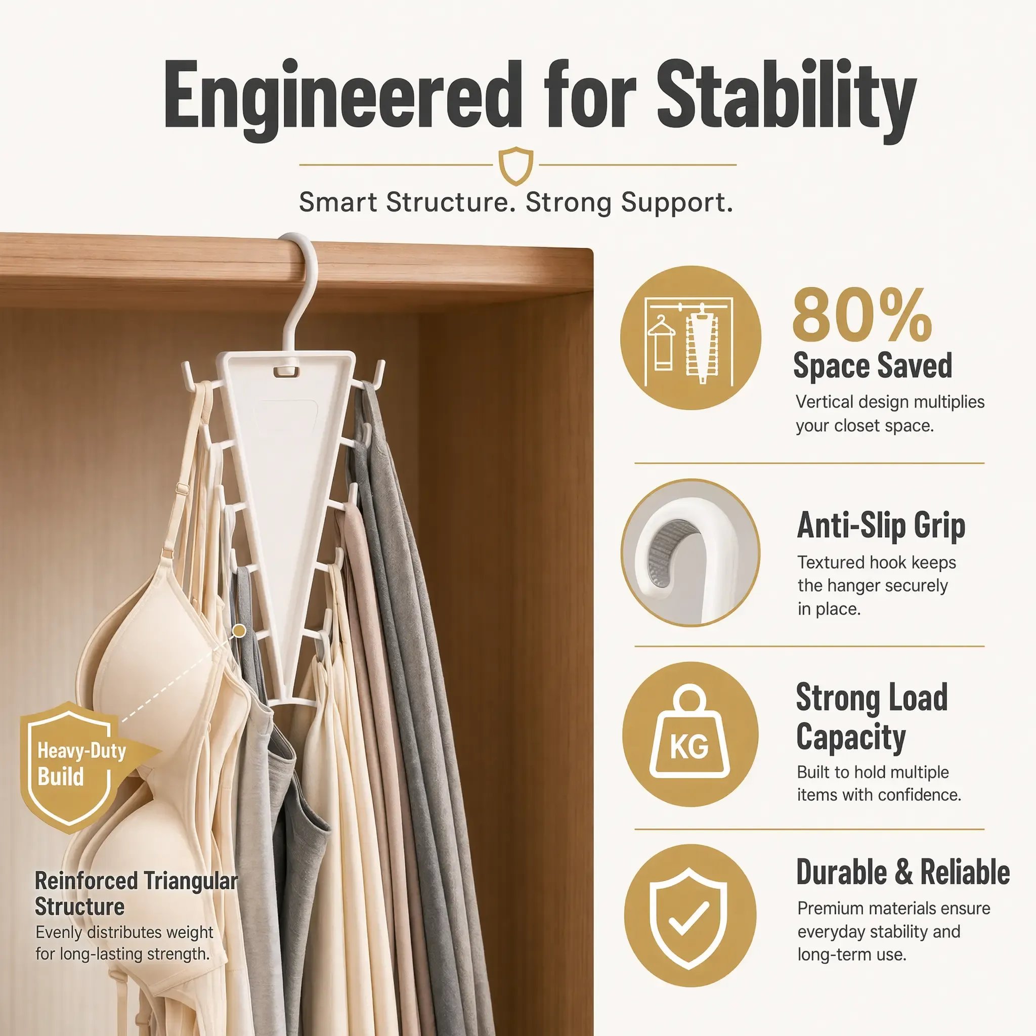 Stable V-shaped closet organizer structure and textured hooks
