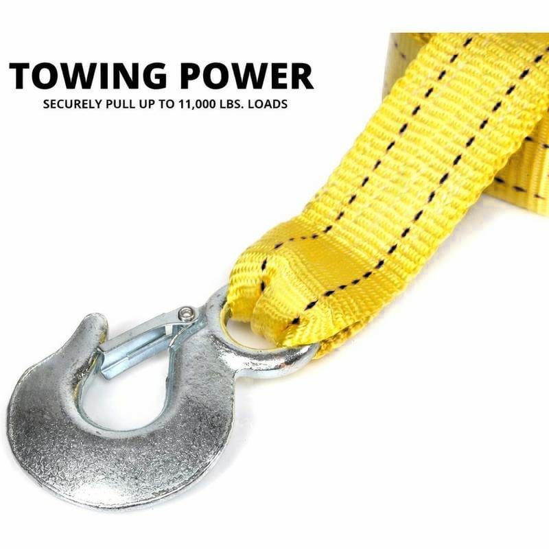 Heavy-duty yellow emergency tow strap with two hooks and storage bag