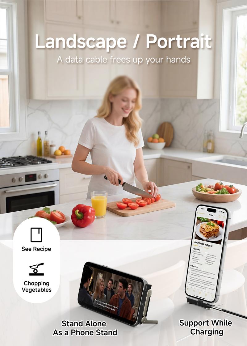 Basemo 240W Super Fast Charging  360° Rotating Invisible Stand Detachable Two-in-One Charging Cable, Zinc Alloy Silicone Type-C Cable compatible with Apple and Samsung, essential for gaming, office, and car use | Bestselling cutting-edge technology.