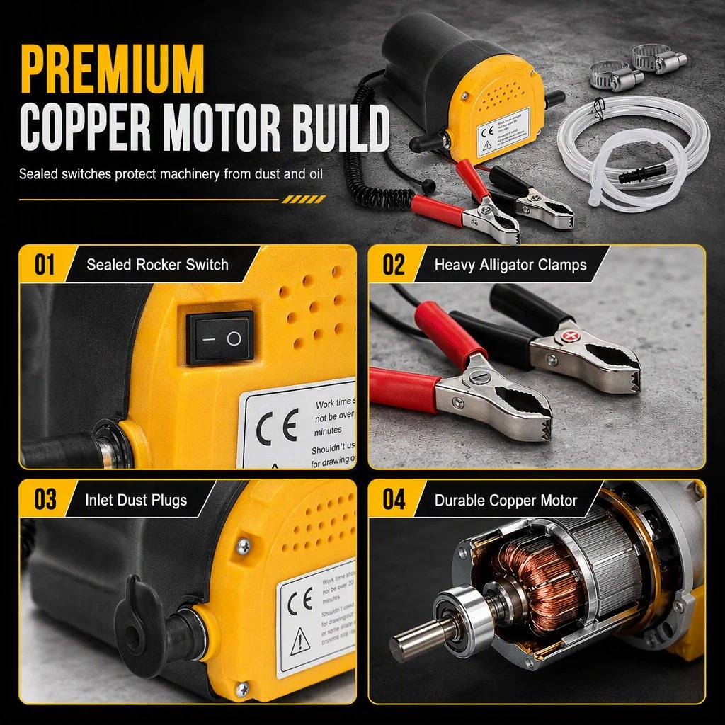 Electric transfer pump with battery alligator clamps