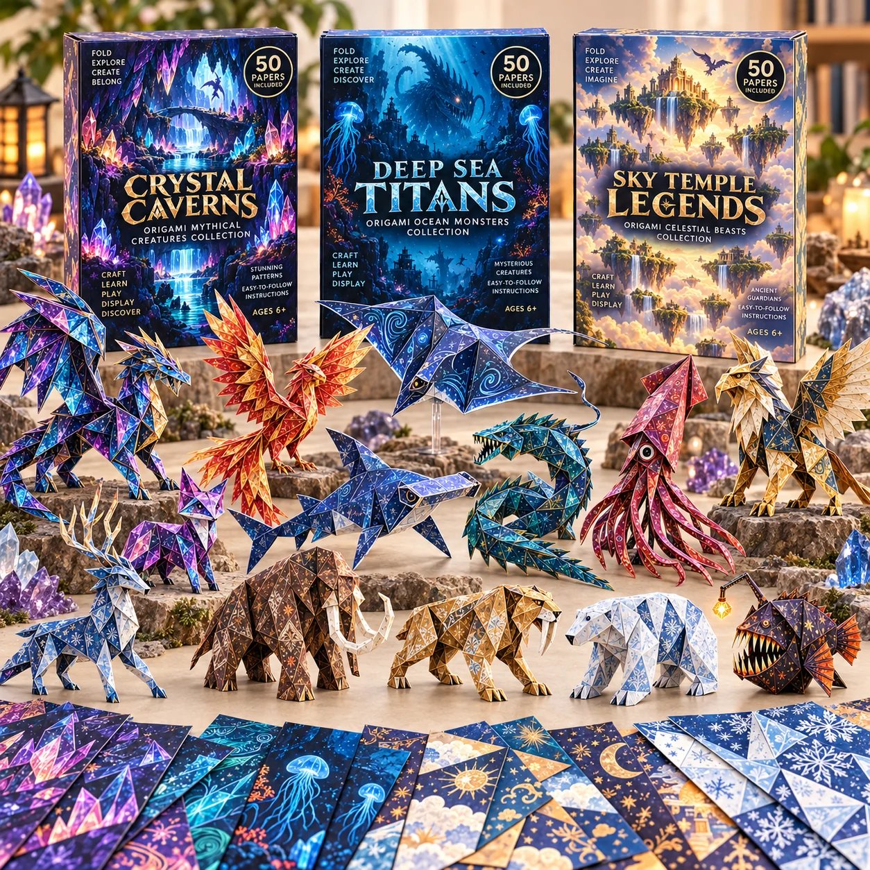 Fantasy origami craft collection with patterned papers and assembled creatures