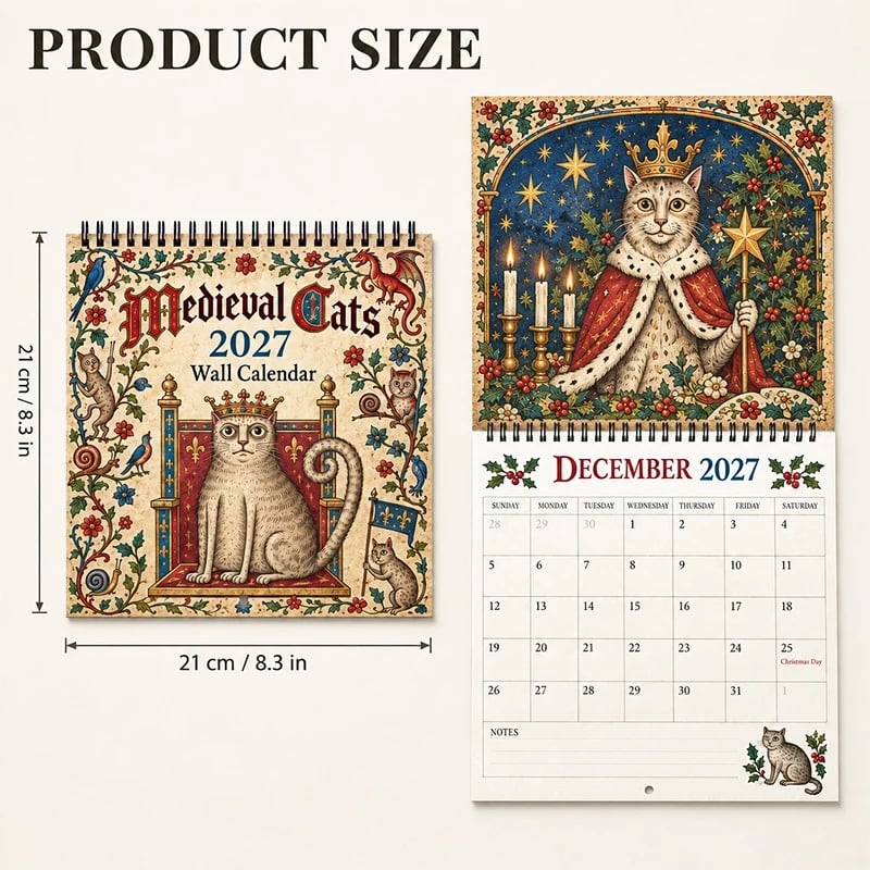 Medieval Cats 2027 calendar dimensions and monthly grid