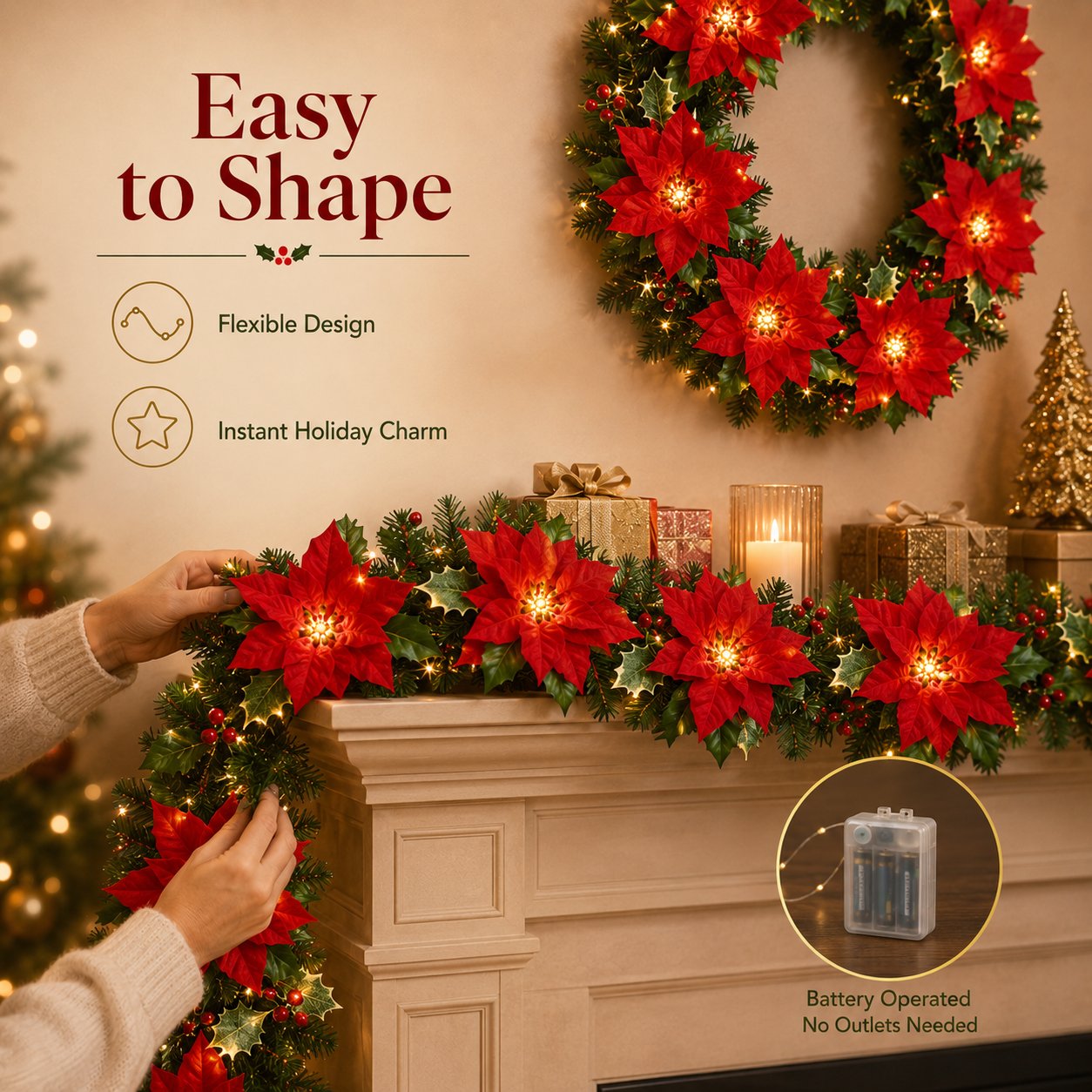 Multiple power options for LED poinsettia garland lights