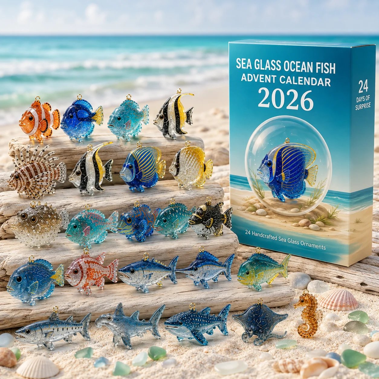 Colorful collection of 24 sea glass style ocean fish ornaments