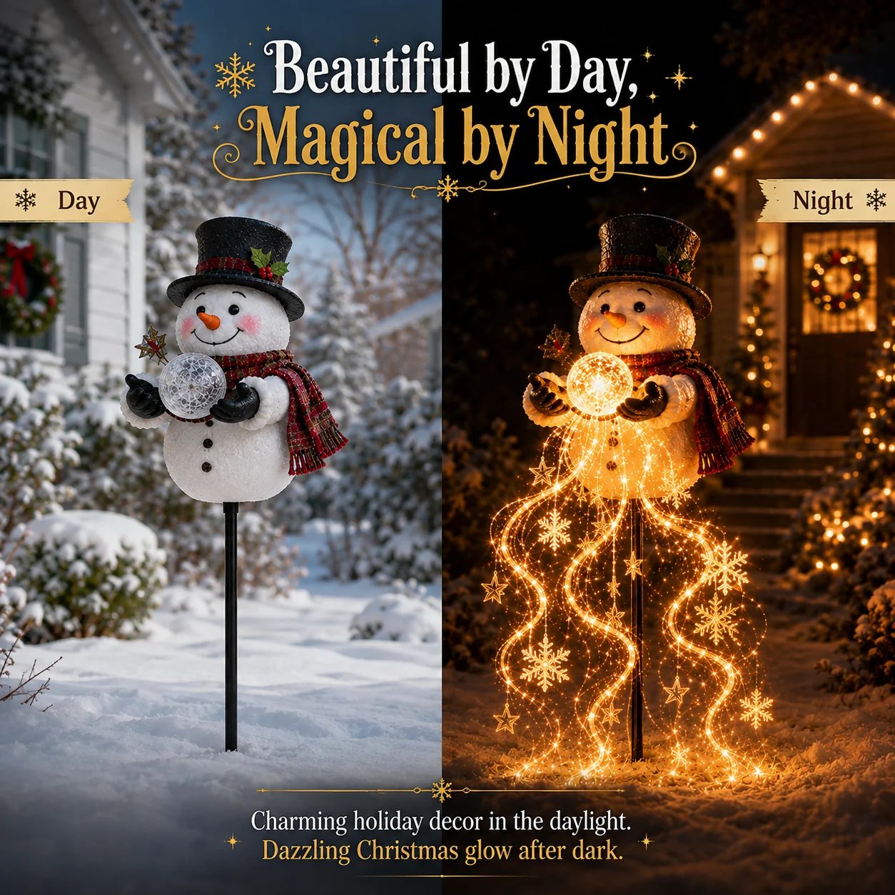 Snowman Christmas garden light during the day and illuminated at night