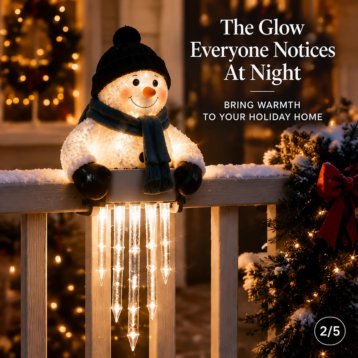 Glowing snowman Christmas railing light at night