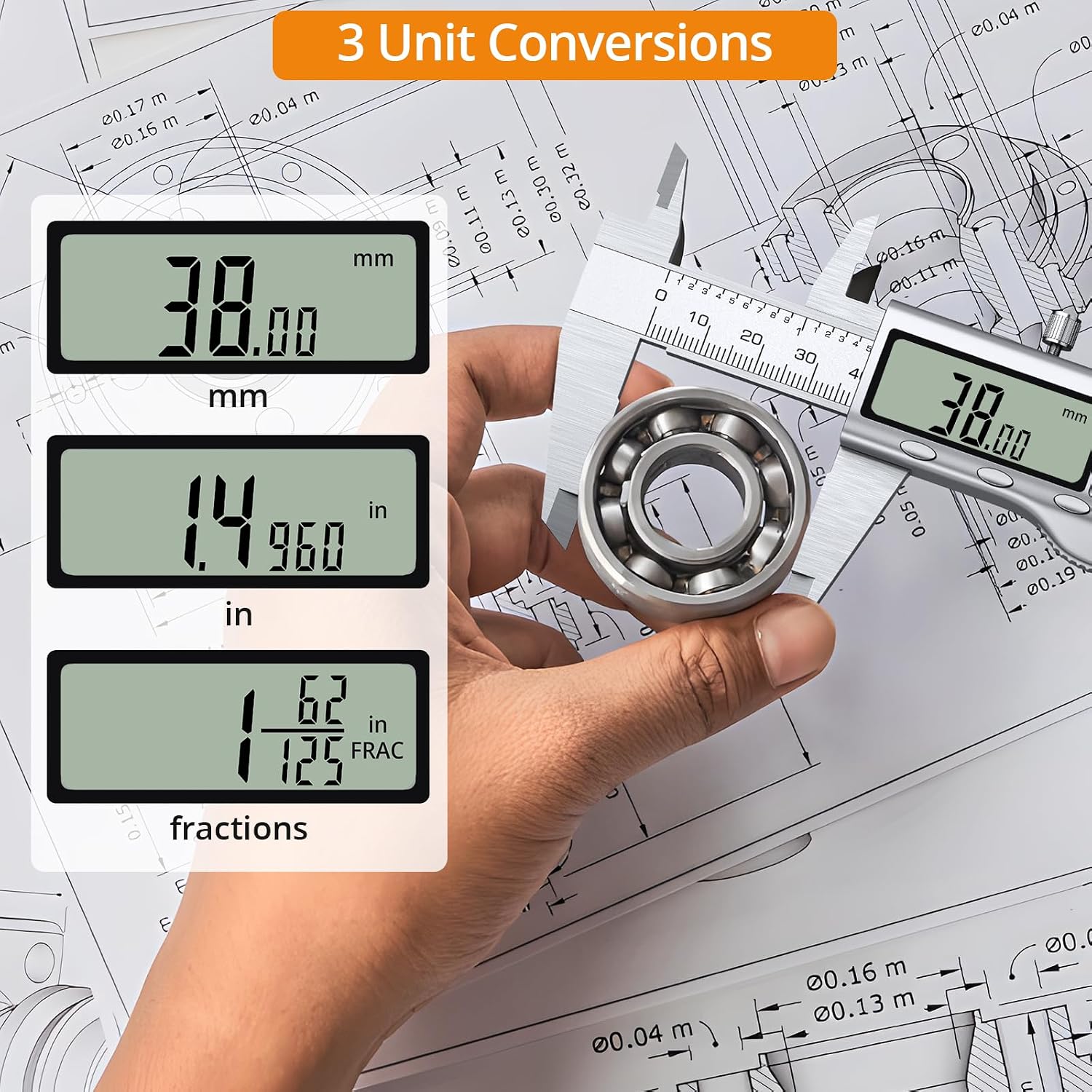 digital caliper with millimeter inch and fraction unit conversion