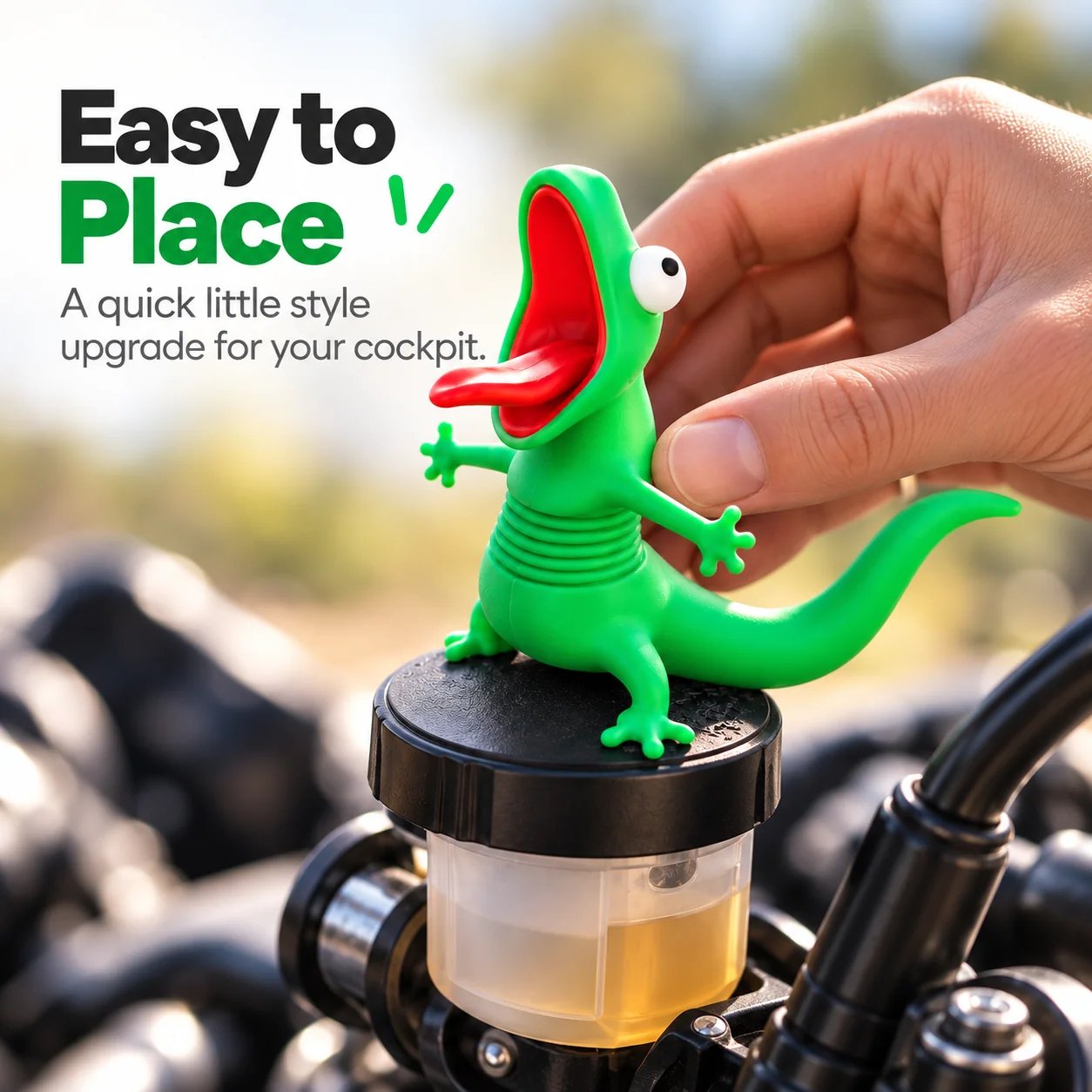Placing a small lizard ornament onto motorcycle cockpit