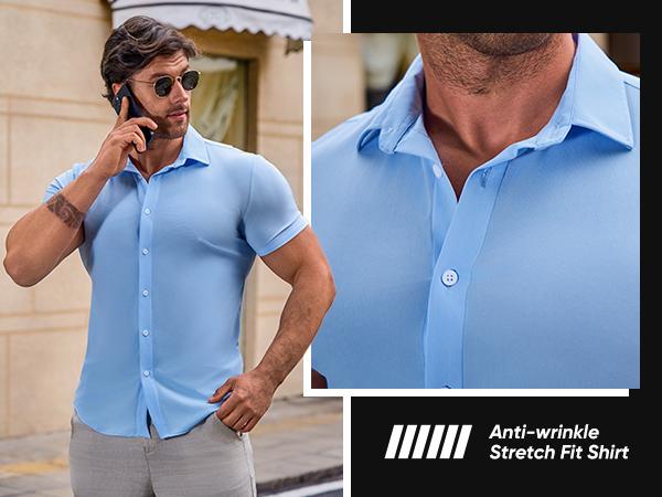 JMIERR Mens Muscle Fit Dress Shirts Casual Button Down Shirt Short Sleeve Wrinkle-Free Shirts