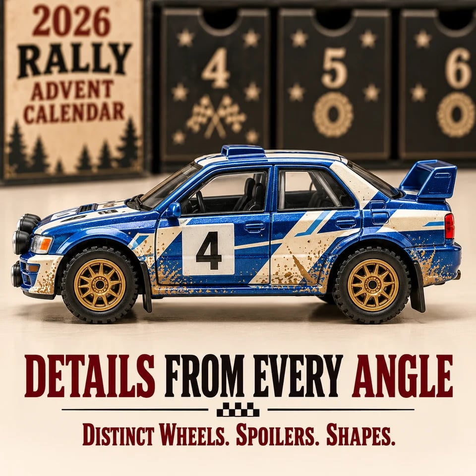 Blue rally car miniature showing wheels and spoiler