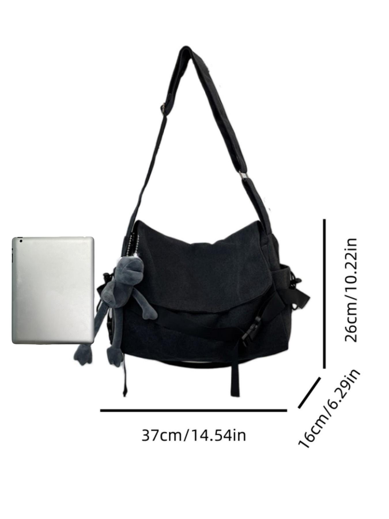 Men's Plain Canvas Crossbody Bag, Solid Color Trendy Versatile Crossbody Bag with Cartoon Charm, Casual Messenger Bag, Large Capacity Daily Commuting Shoulder Bag for Work & School, Casual Crossbody Bags