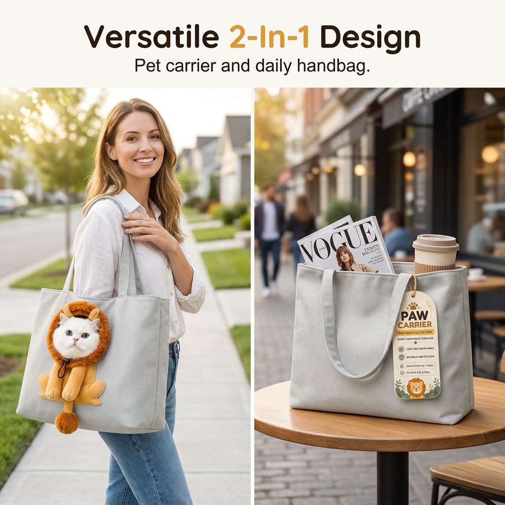 Lion-themed bag shown as a pet carrier and an everyday tote.