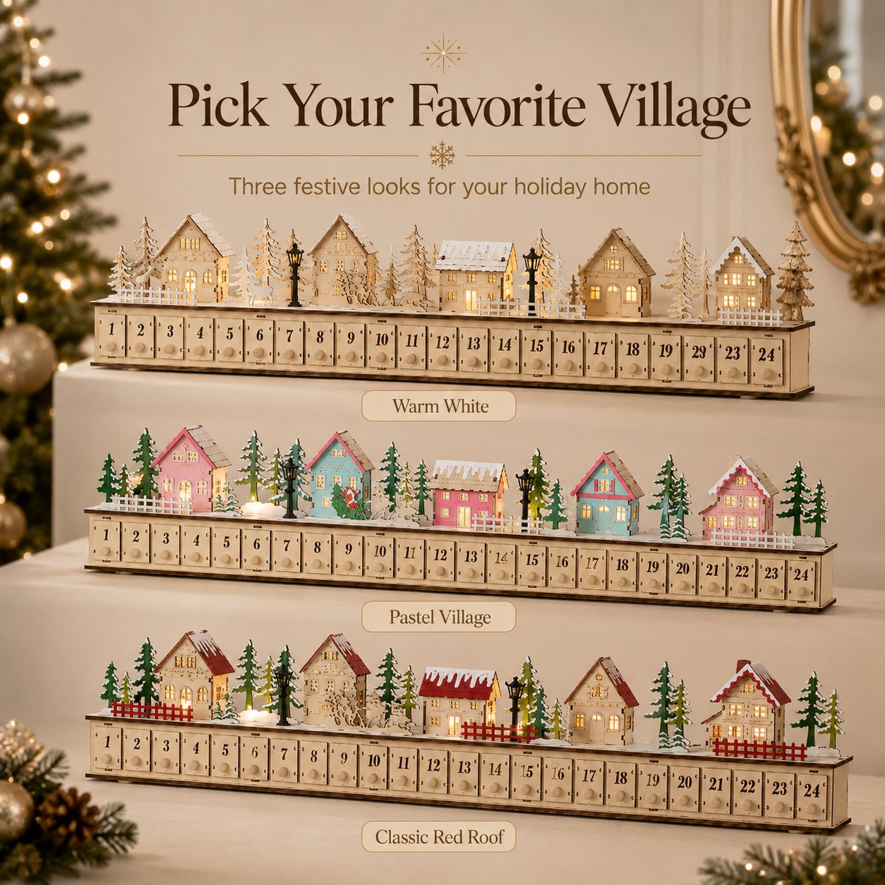 Lighted Christmas Village Advent Calendar Countdown Decor for Holiday Mantel, Shelf & Tabletop Display