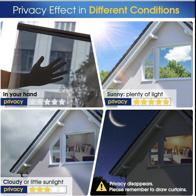Product Introduction of Window Privacy Film One Way, Reflective Mirror for Daytime Home Office Use, UV Sun Blocking, Heat Control17.5 x 78.74 Inches 18