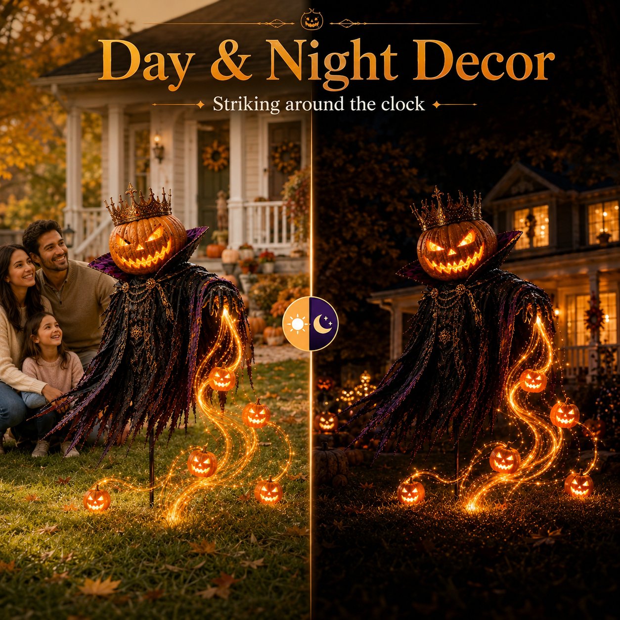 Pumpkin King day night yard display