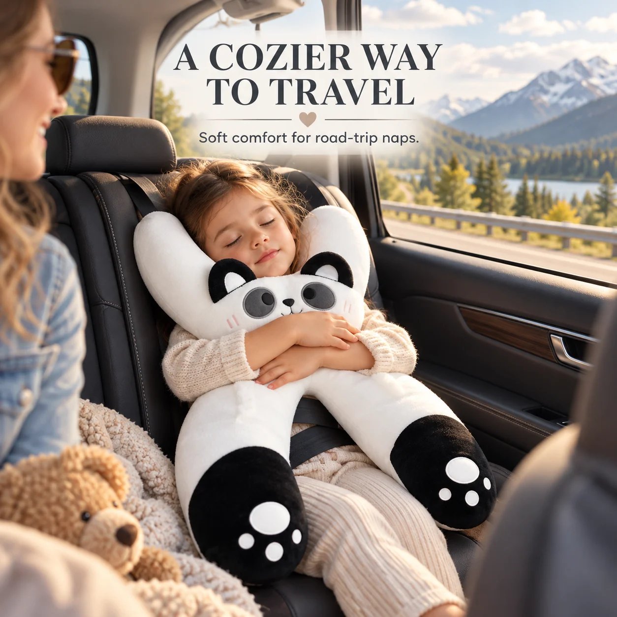 Child resting with panda travel pillow on family road trip