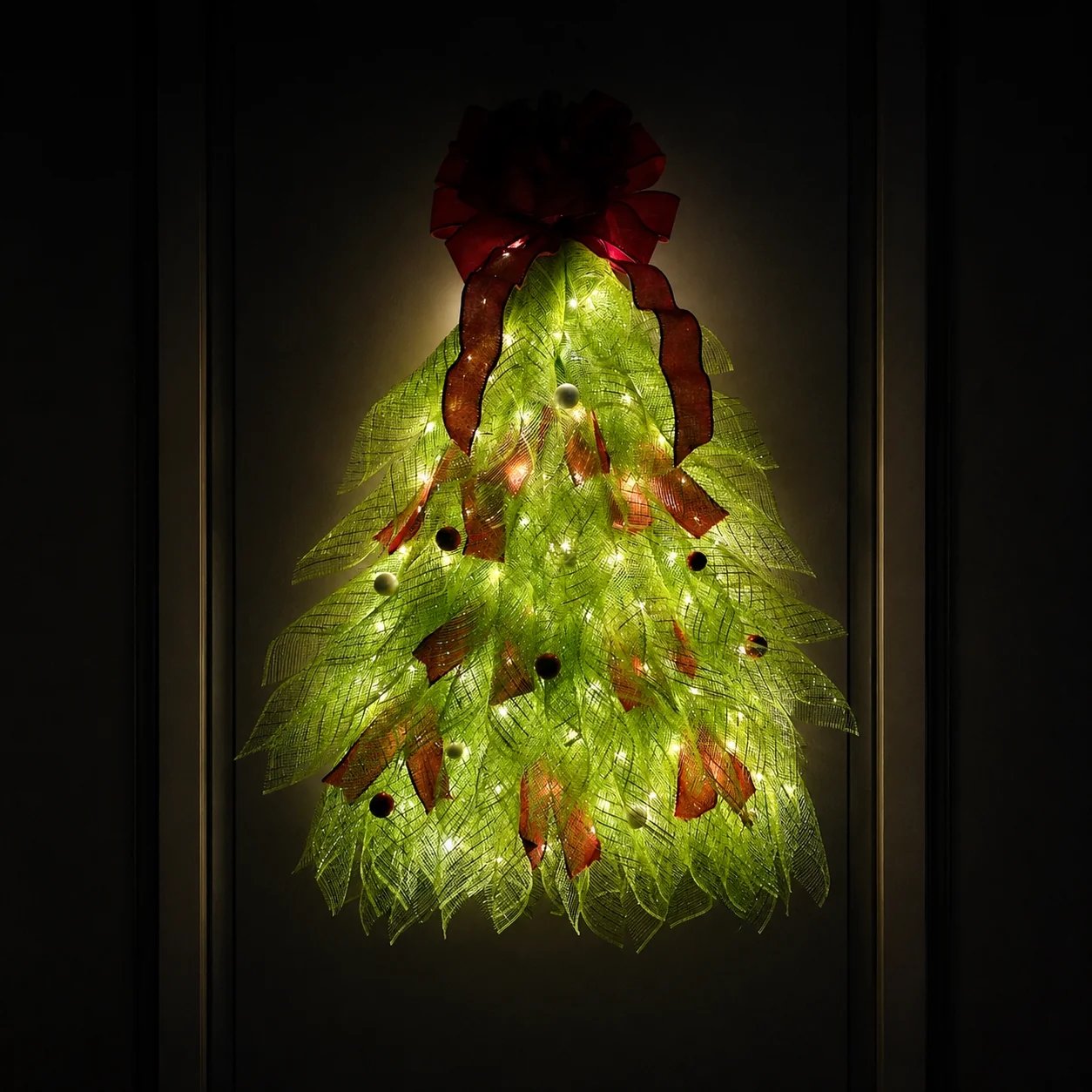 Large festive Christmas tree door decoration creating a welcoming holiday entrance