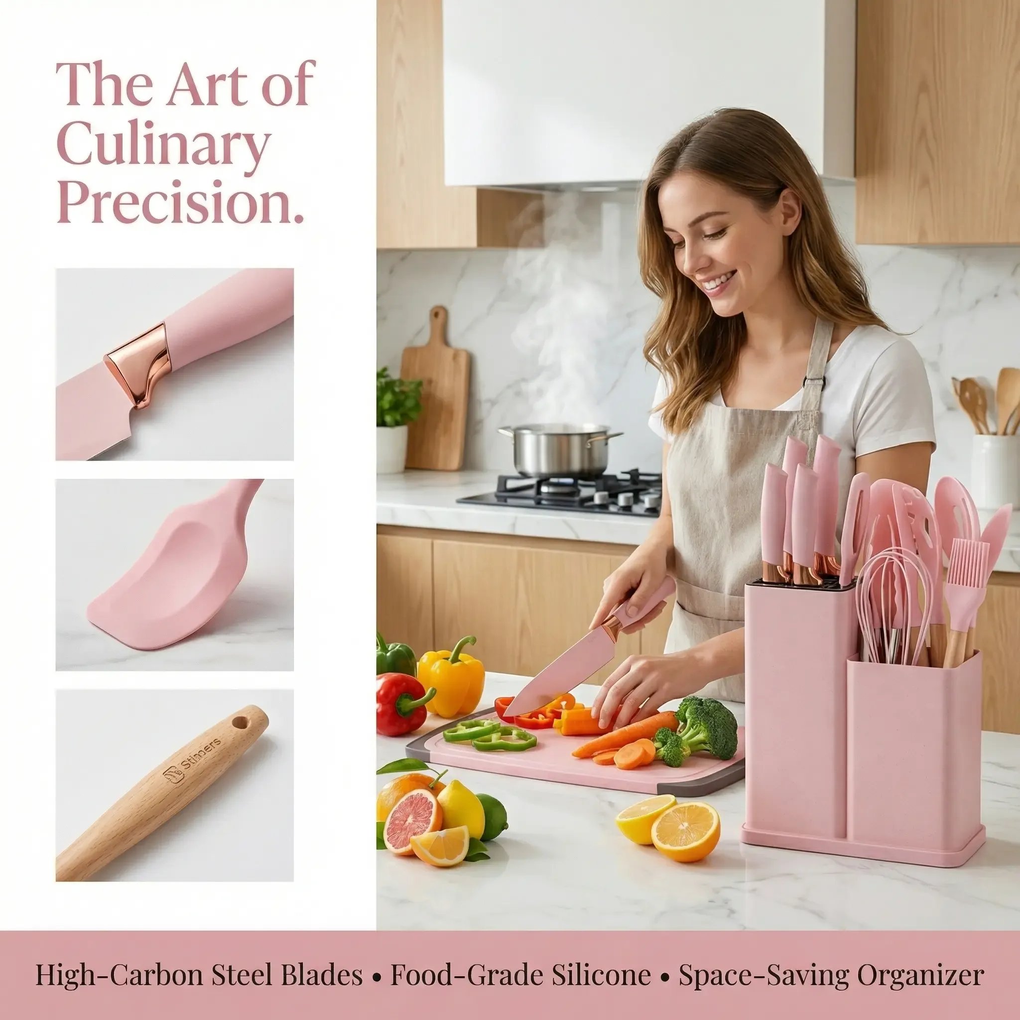 Complete kitchen knife and silicone utensil set in use