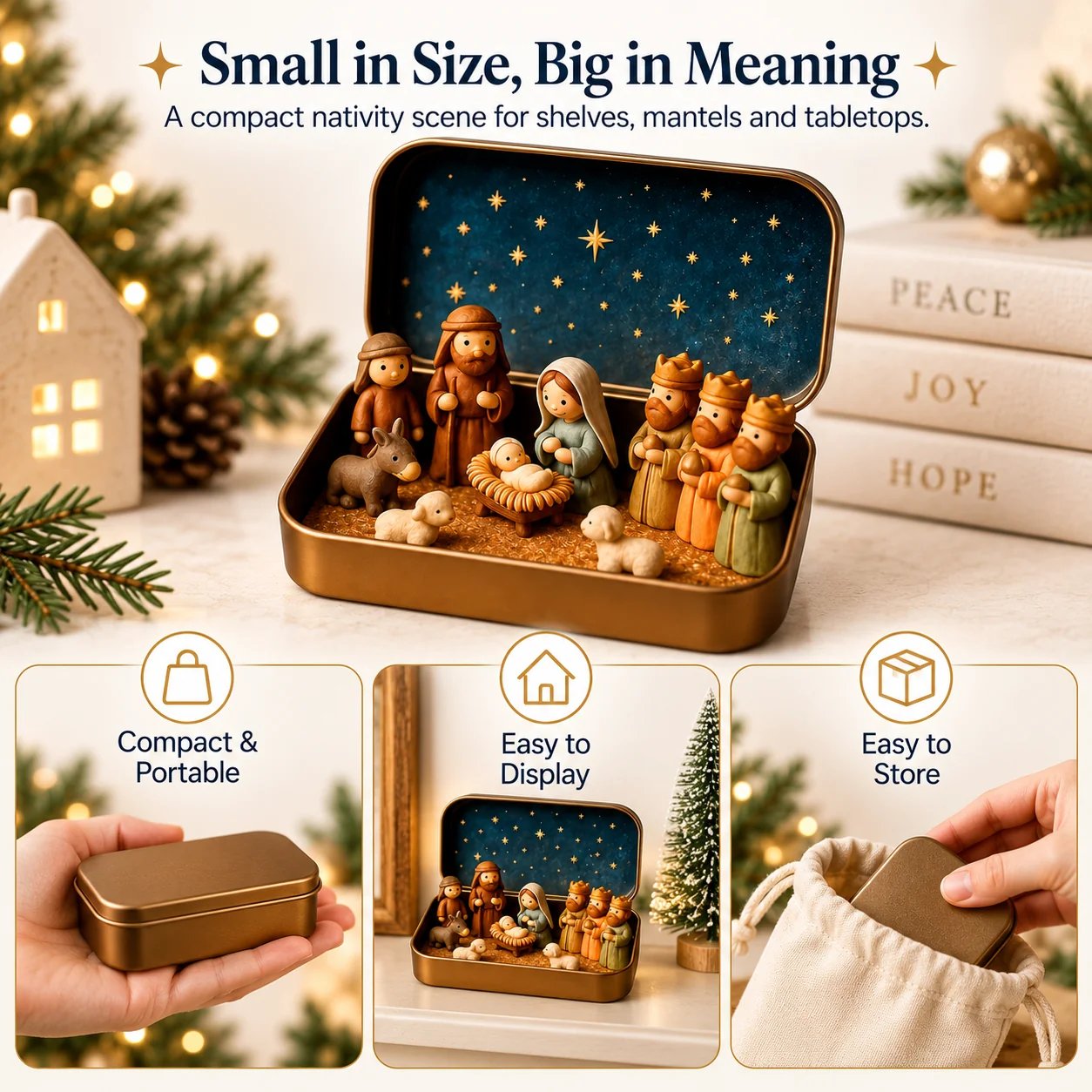Pocket-size Nativity set displayed in a small space