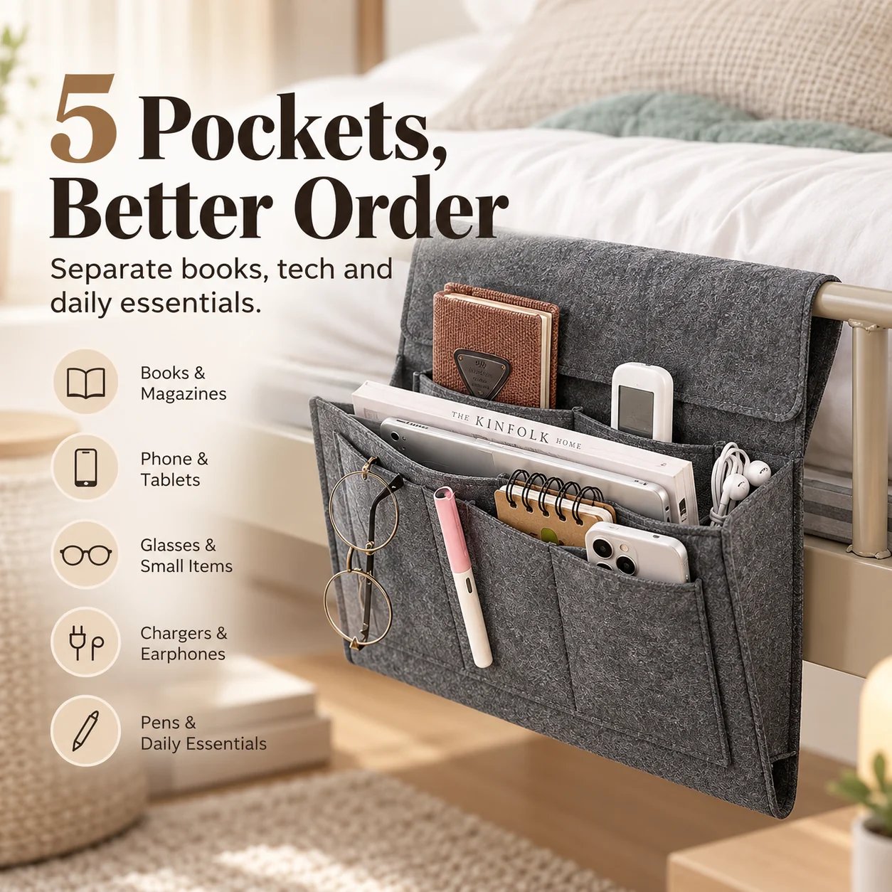 Bedside caddy securely hanging without slipping even with heavy contents