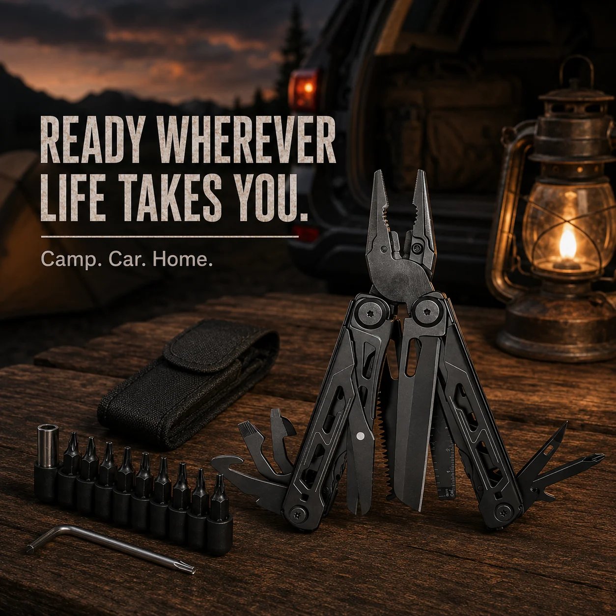 Complete multitool set with included accessories and carry pouch
