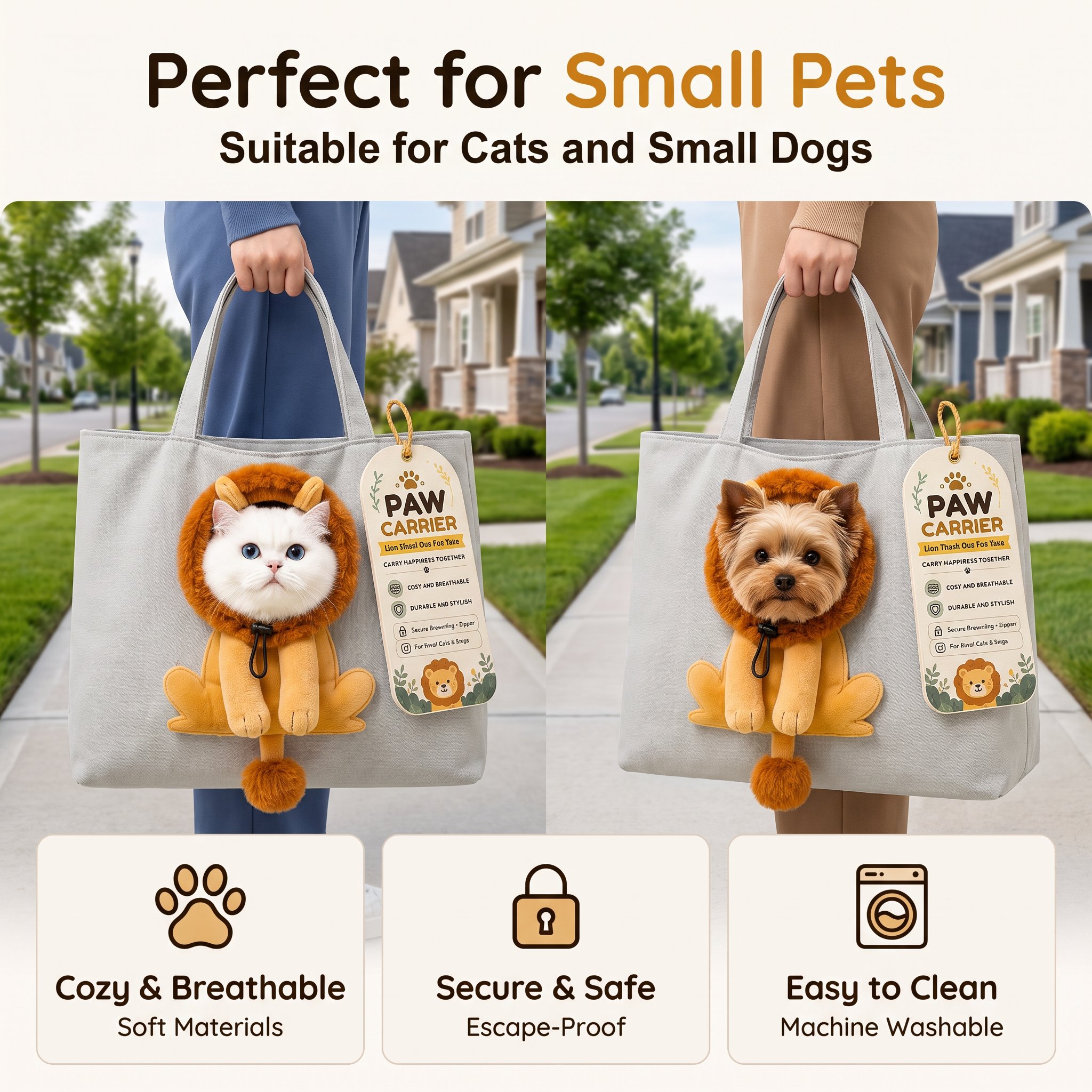 Separate examples of a cat and a small dog in the lion-themed tote.