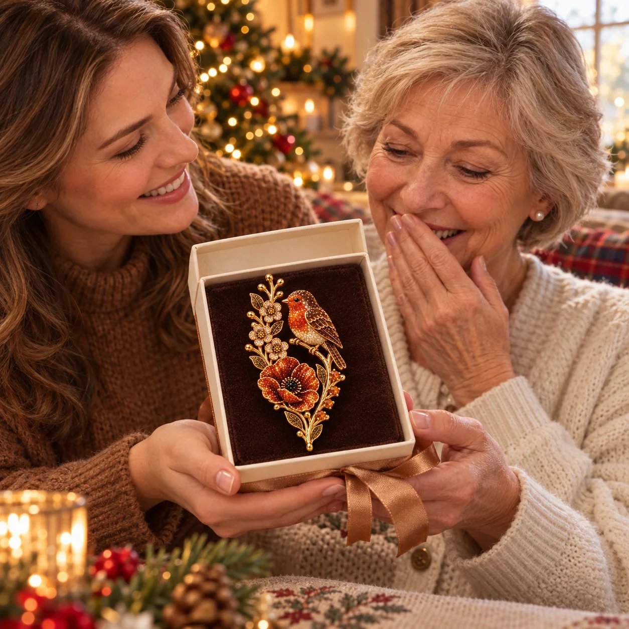 Robin & Poppy brooch inside a gift box being presented