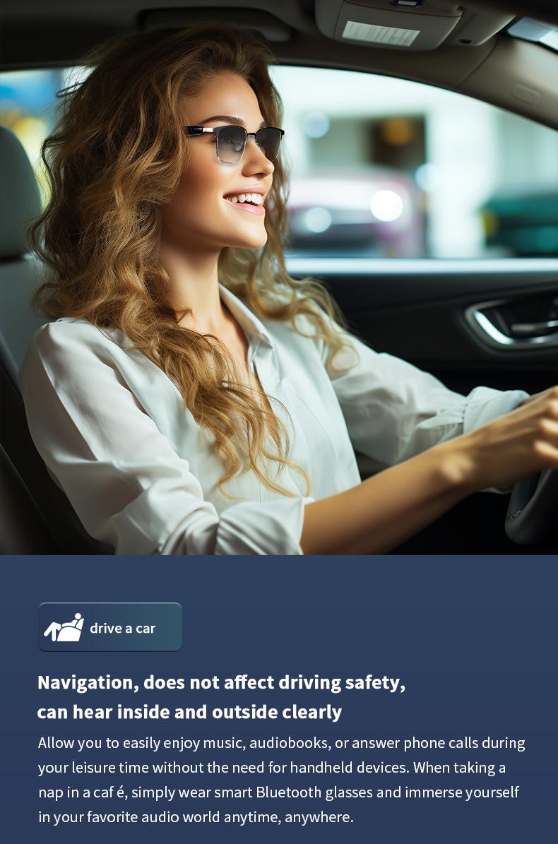 Product Introduction of Bluetooth audio smart glasses with photochromic lenses that darken in sunlight, metal frame, surround sound and microphone 28