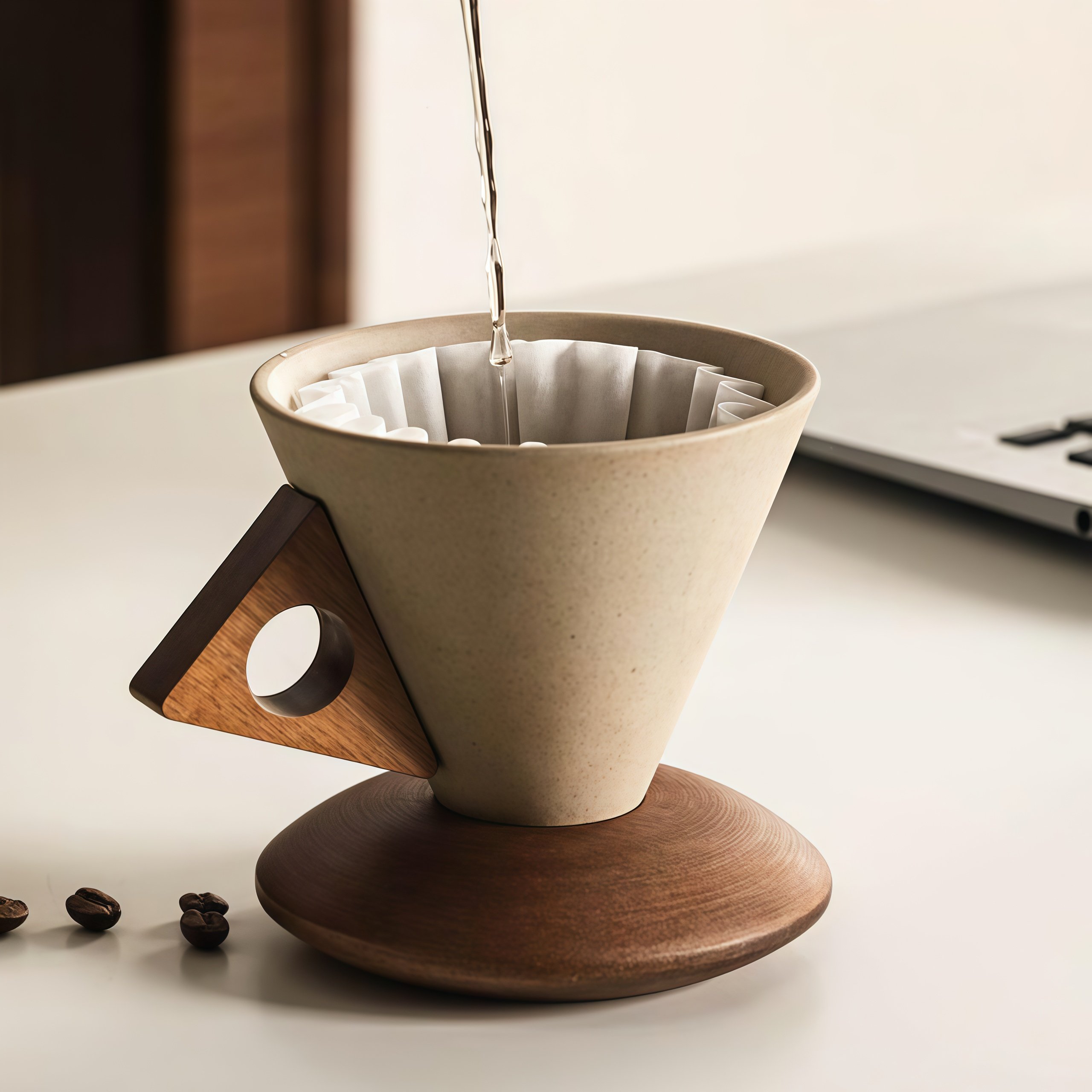 Coffee being poured into the conical ceramic cup