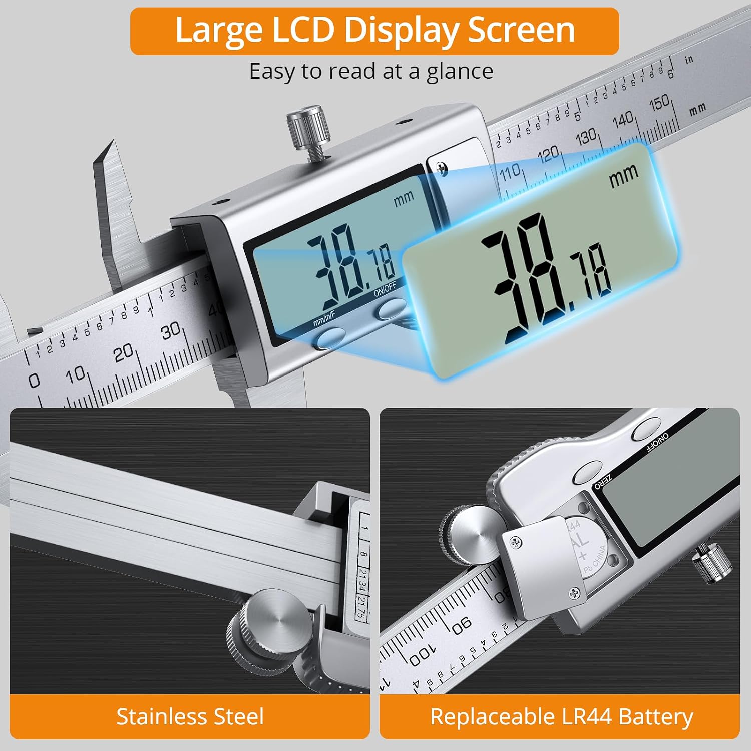 large LCD digital caliper display with stainless steel construction