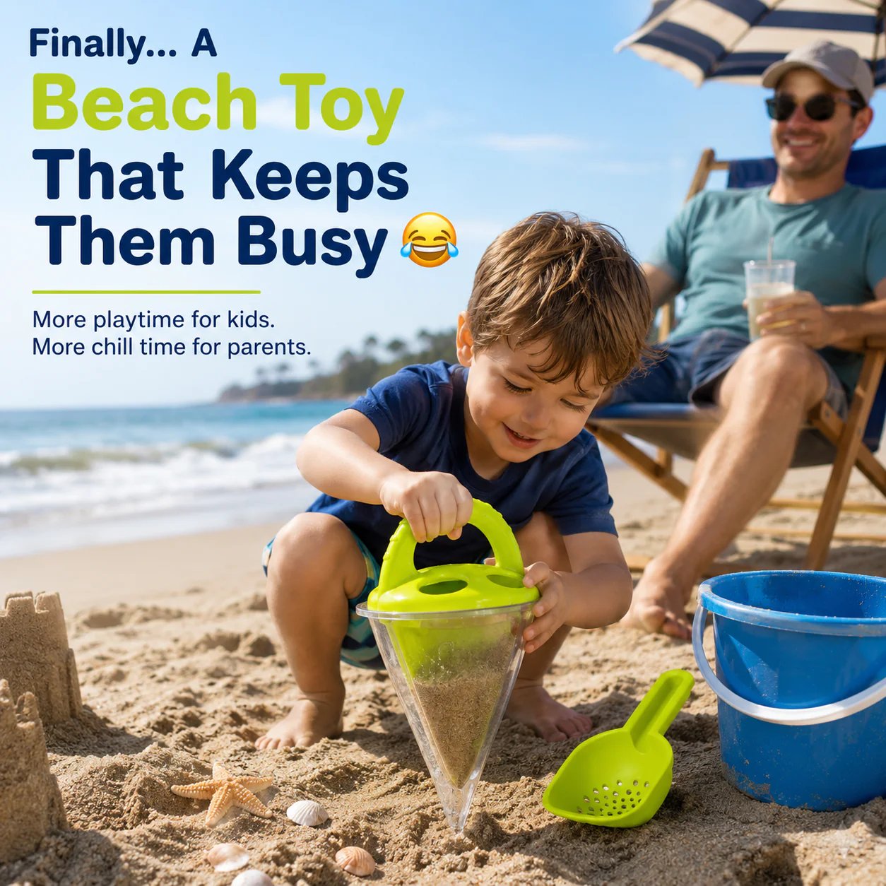 Parents finally get a break while kids play with beach funnel toy