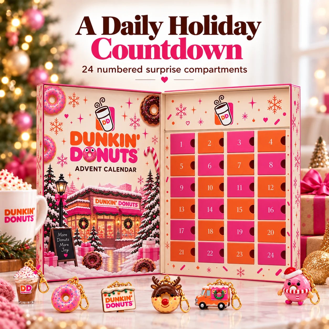 24 numbered compartments inside donut themed Christmas advent calendar