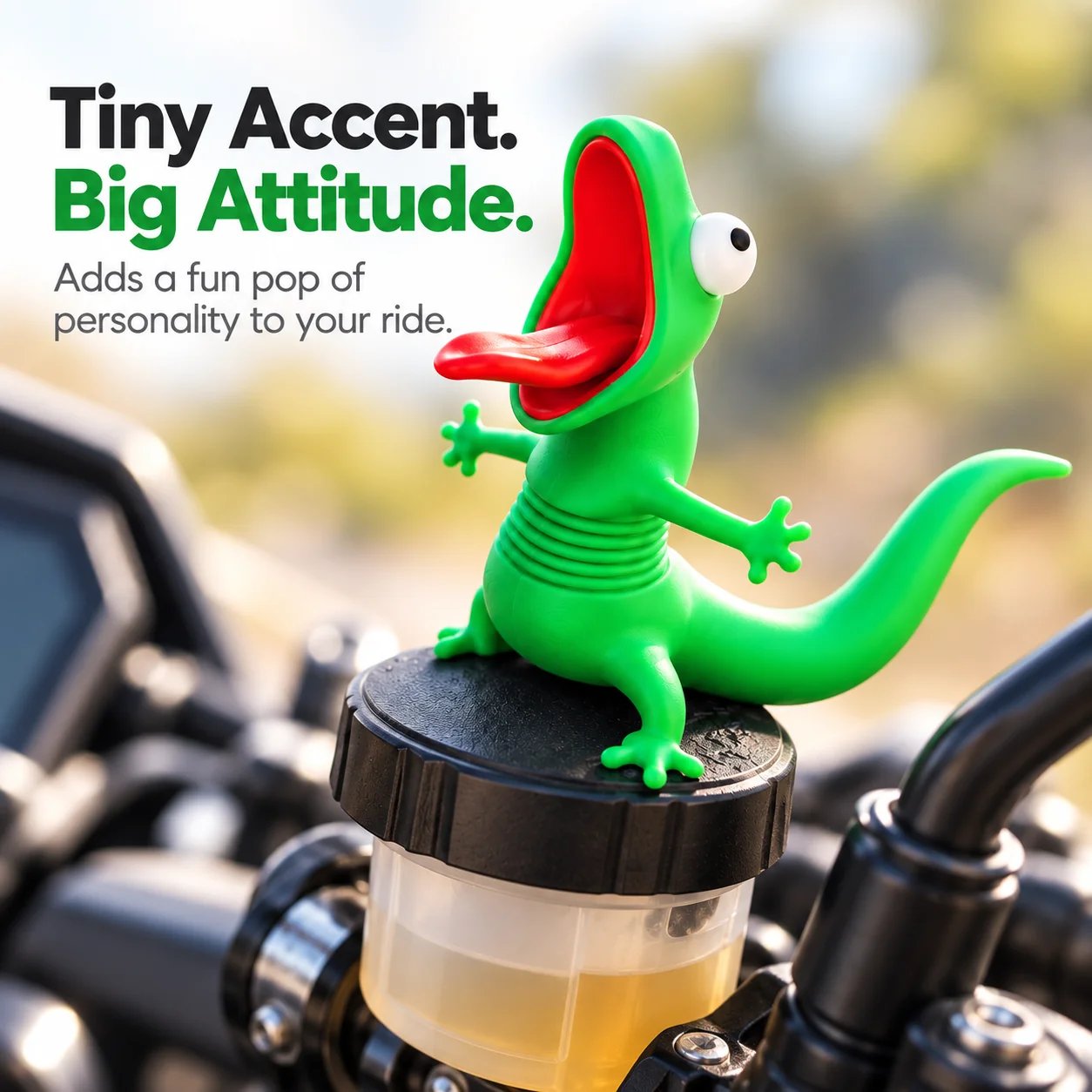 Small green lizard motorcycle accent with bold personality