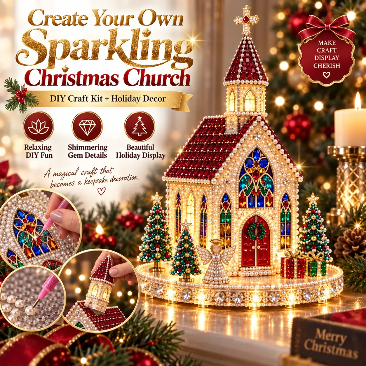 Detailed close-up of sparkling gem church panels and accessories