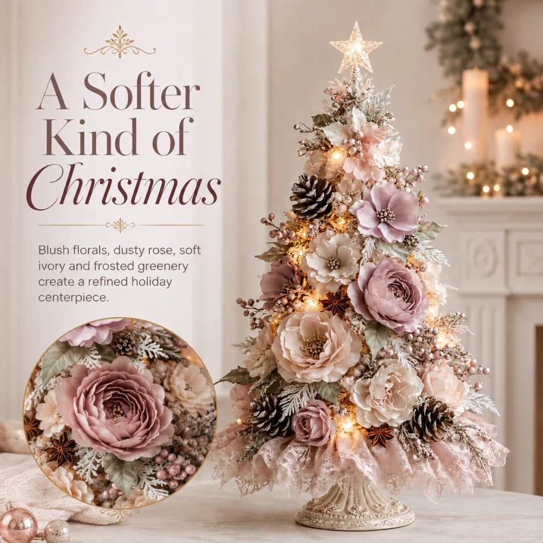 Pre-decorated blush floral tabletop Christmas tree with soft ambient glow