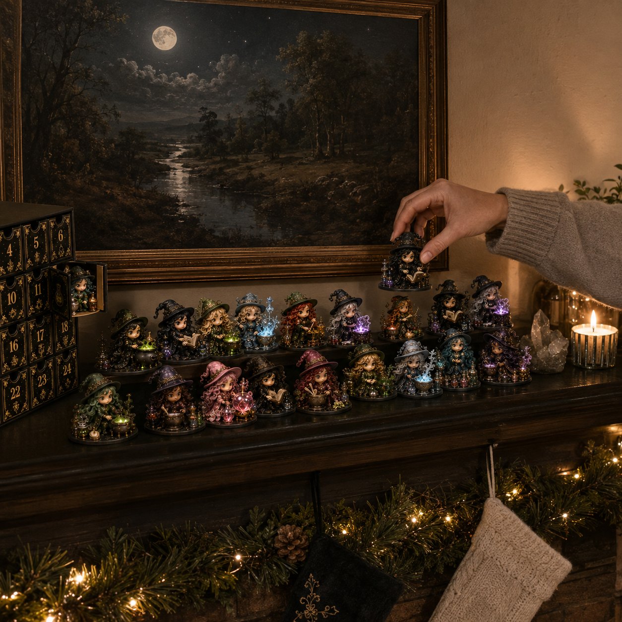 Hand placing a collectible witch on a holiday mantel display